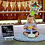 baby, birthday, cake, party_hat, balloon, signboard, wooden_floor, smiling, celebration, child, plush_rug, number_candle, outdoor, decorations, happy, toddler, clothing, photography, first_birthday, portrait