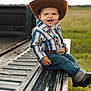 toddler, child, cowboy_hat, striped_shirt, jeans, boots, belt_buckle, smiling, outdoor, grass, truck_bed, portrait, happy, blue_eyes, baby, western, hat, sitting, cute, fashion