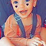 baby, blue_eyes, car_seat, child, cute, face, freckles, hands, happy, heart_filter, indoor, peach_outfit, playful, portrait, red_tray, seatbelt, smiling, straps, toddler, young_child