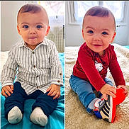 Ayden participe au concours pour gagner de l'argent avec cette photo : baby, bed, blanket, bright, child, cute, face, hands, indoors, infant, pants, portrait, shirt, side_by_side, sitting, smiling, sneakers, socks, toy, window