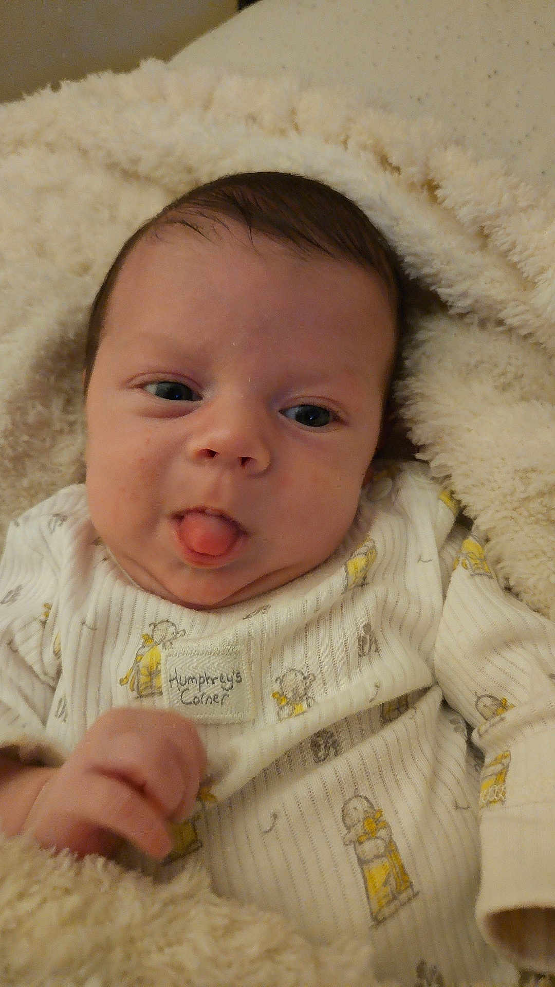 Kylo is registered to the contest to win money with this photo: baby, infant, tongue_out, blanket, cozy, cute, face, clothing, sleepwear, soft_texture, hand, portrait, young_child, indoors, expression, playful, skin, head, person, wrapped