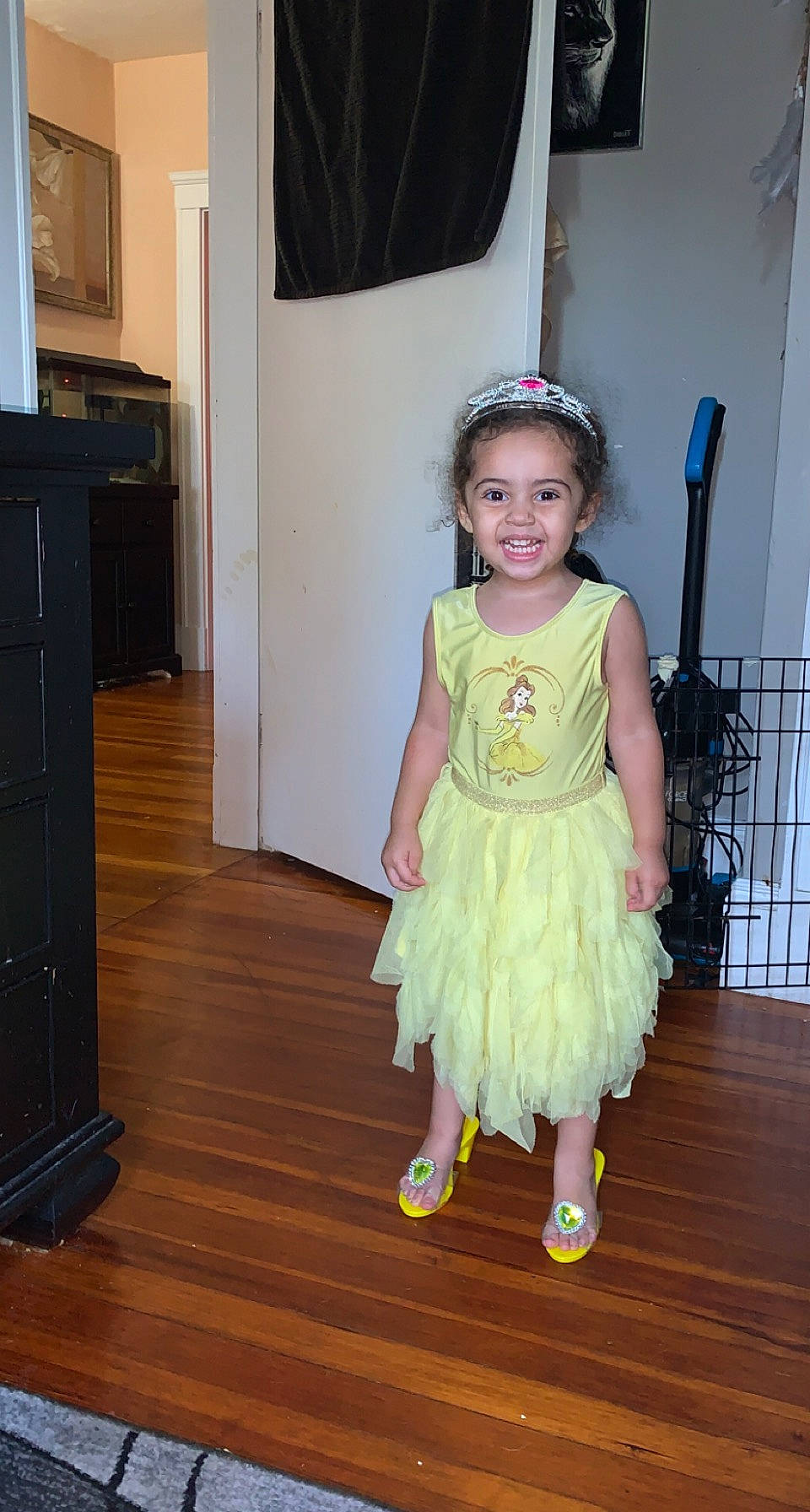 Liliana is registered to the contest to win money with this photo: baby_toddler_clothing, cabinetry, day_dress, drawer, dress, event, face, fashion_design, floor, flooring, fun, happy, hardwood, joy, one_piece_garment, person, smile, standing, toddler, varnish