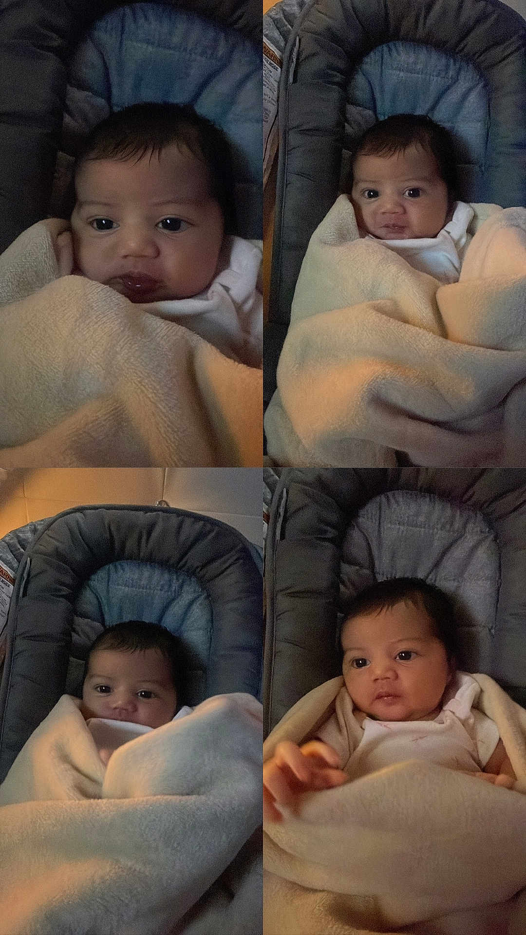 Ellena joined the competition — help win amazing prizes! baby, blanket, baby_seat, indoor, child, infant, portrait, cozy, warm_lighting, cute, wrapped, expression, soft_texture, cushion, sleepwear, person, small_child, face, young_baby, resting