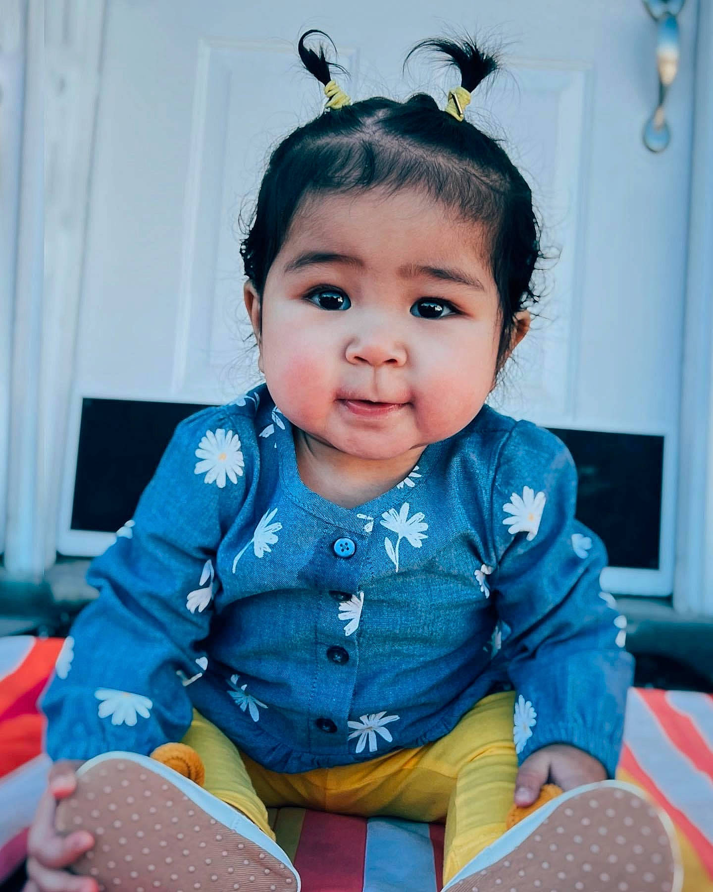 Aubrey Afia joined the competition — help win amazing prizes! azure, baby_toddler_clothing, blue, cheek, chin, eye, eyelash, hair, hairstyle, happy, head, iris, neck, person, pink, product, skin, sleeve, standing, toddler