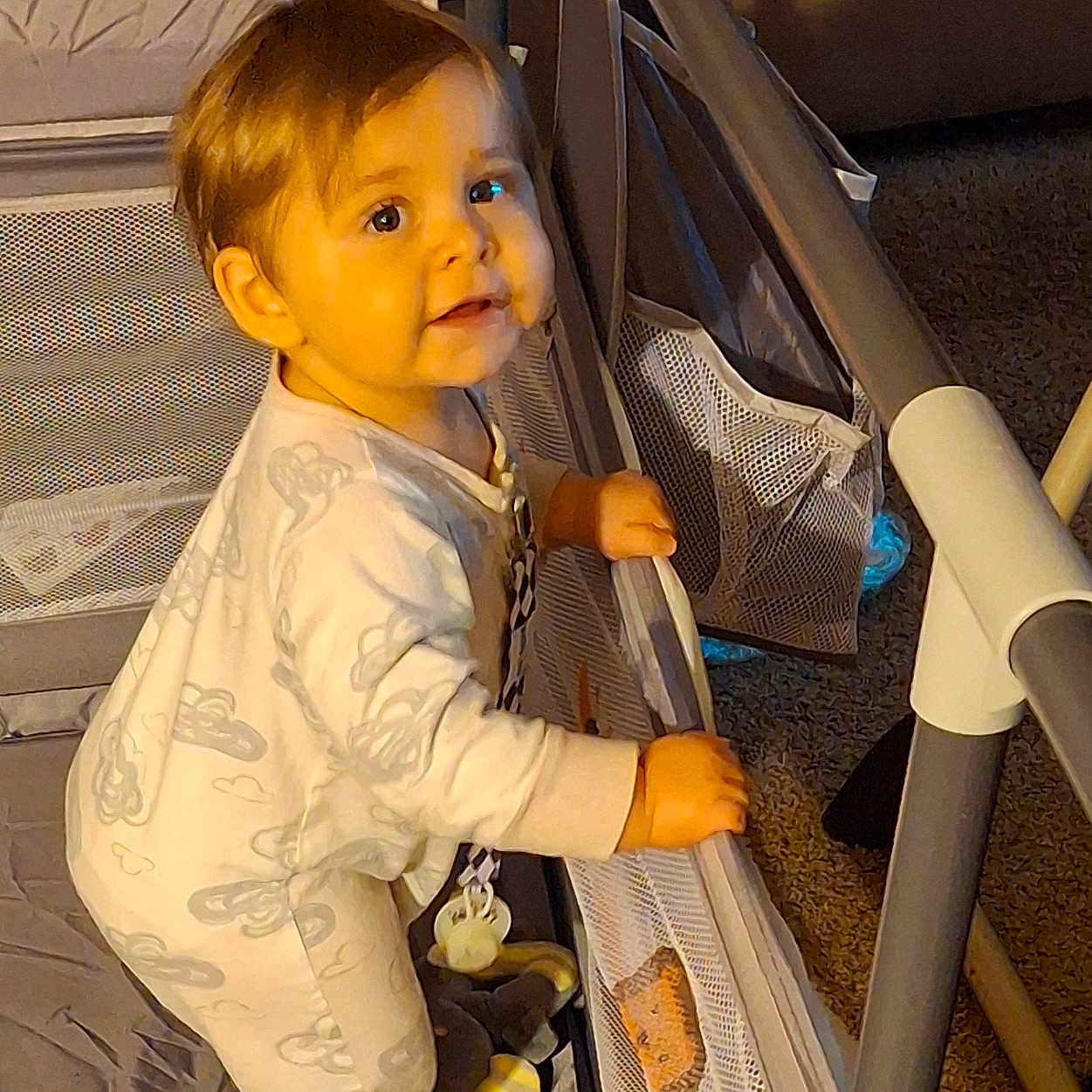 Cayden joined the competition — help win amazing prizes! baby, bed, cradle, crib, face, furniture, head, infantbed, person, standing