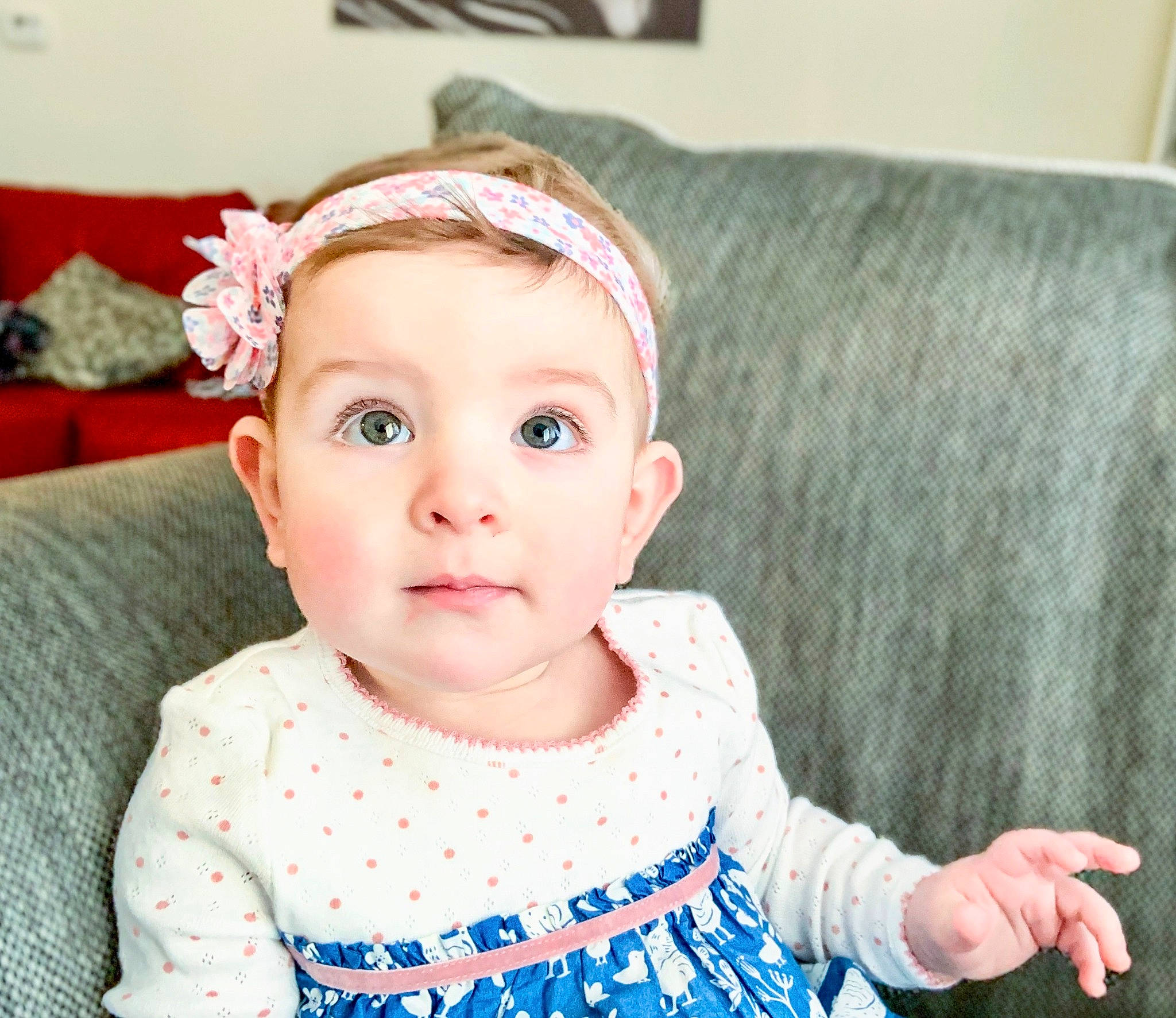 Olivia Rose joined the competition — help win amazing prizes! baby, baby_toddler_clothing, cheek, child, ear, face, fashion_accessory, hair_accessory, head, headband, headgear, lip, person, pink, skin, smile, textile, toddler
