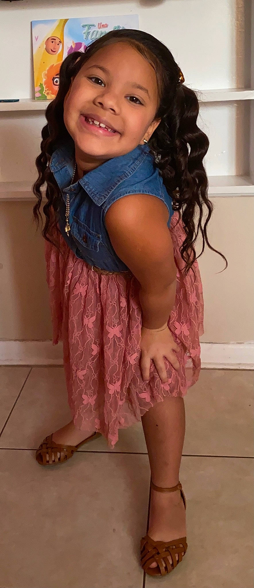 Shagnely Ramos is registered to the contest to win money with this photo: arm, black_hair, day_dress, embellishment, eye, fashion_design, happy, head, human_body, iris, joy, lip, magenta, person, pink, skin, sleeve, smile, thigh, toddler