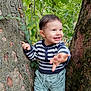 toddler, child, smiling, outdoor, tree, nature, greenery, striped_sweater, dinosaur_pants, happy, person, young_child, forest, plant, leaves, casual_clothing, cute, exploration, playful, daylight