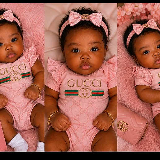 Rae'Lyn joined the competition — help win amazing prizes! baby, child, infant, pink, gucci, headband, bracelet, clothing, fashion, portrait, cute, luxury, accessories, soft_texture, triptych, smiling, sitting, studio, young_child, girl
