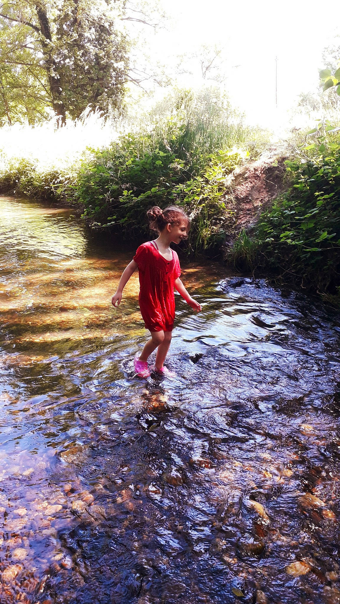 Perrine participe au concours pour gagner de l'argent avec cette photo : bank, forest, fun, geological_phenomenon, grass, happy, joy, landscape, leisure, natural_landscape, people_in_nature, person, plant, recreation, stream, trail, tree, vegetation, water, water_resources