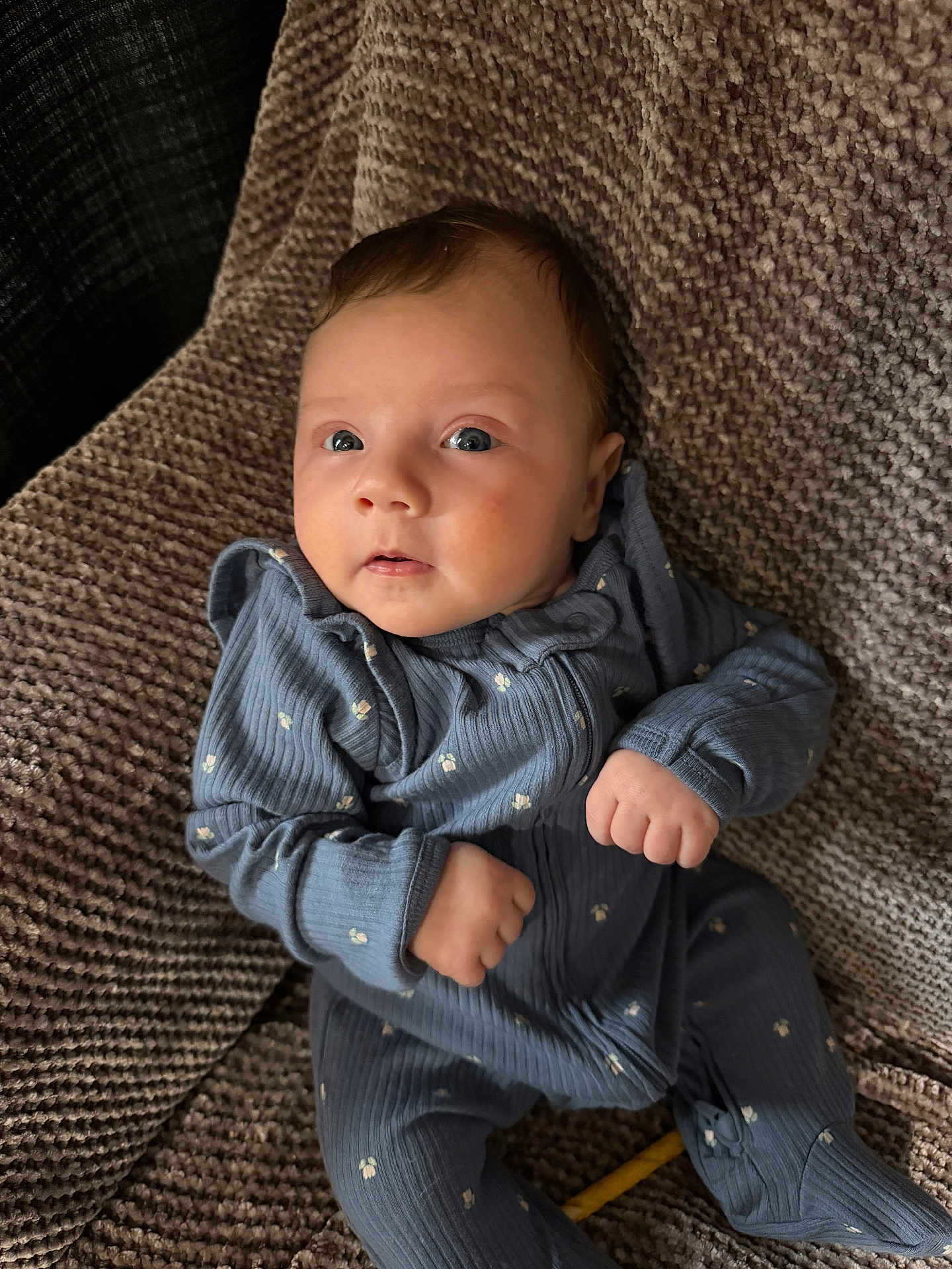 Lillian joined the competition — help win amazing prizes! baby, infant, blue_onesie, blanket, texture, cozy, cute, child, portrait, indoor, newborn, clothing, hands, face, head, eyes, expression, sitting, soft, comfort