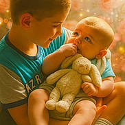 Theo a rejoint le concours — aidez-le/la à gagner de superbes lots ! child, baby, smiling, holding, stuffed_animal, bunny, soft_light, portrait, indoor, face, cute, love, siblings, happy, toddler, blue_shirt, short_hair, background_bokeh, warm_colors, skin