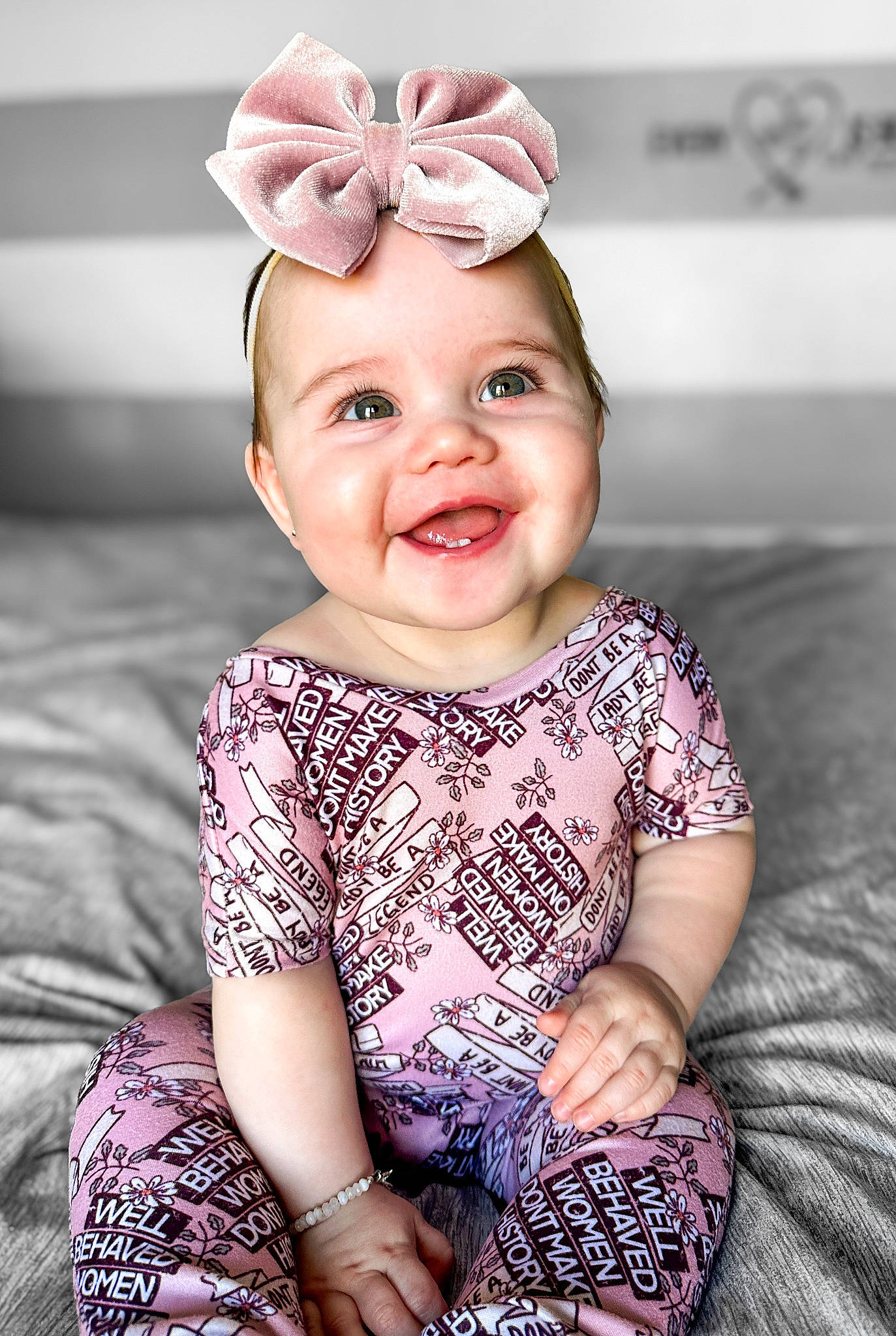 Skyler joined the competition — help win amazing prizes! baby, baby_toddler_clothing, beauty, dress, eye, face, flash_photography, happy, head, headband, iris, joy, magenta, person, photograph, pink, purple, skin, sleeve, smile