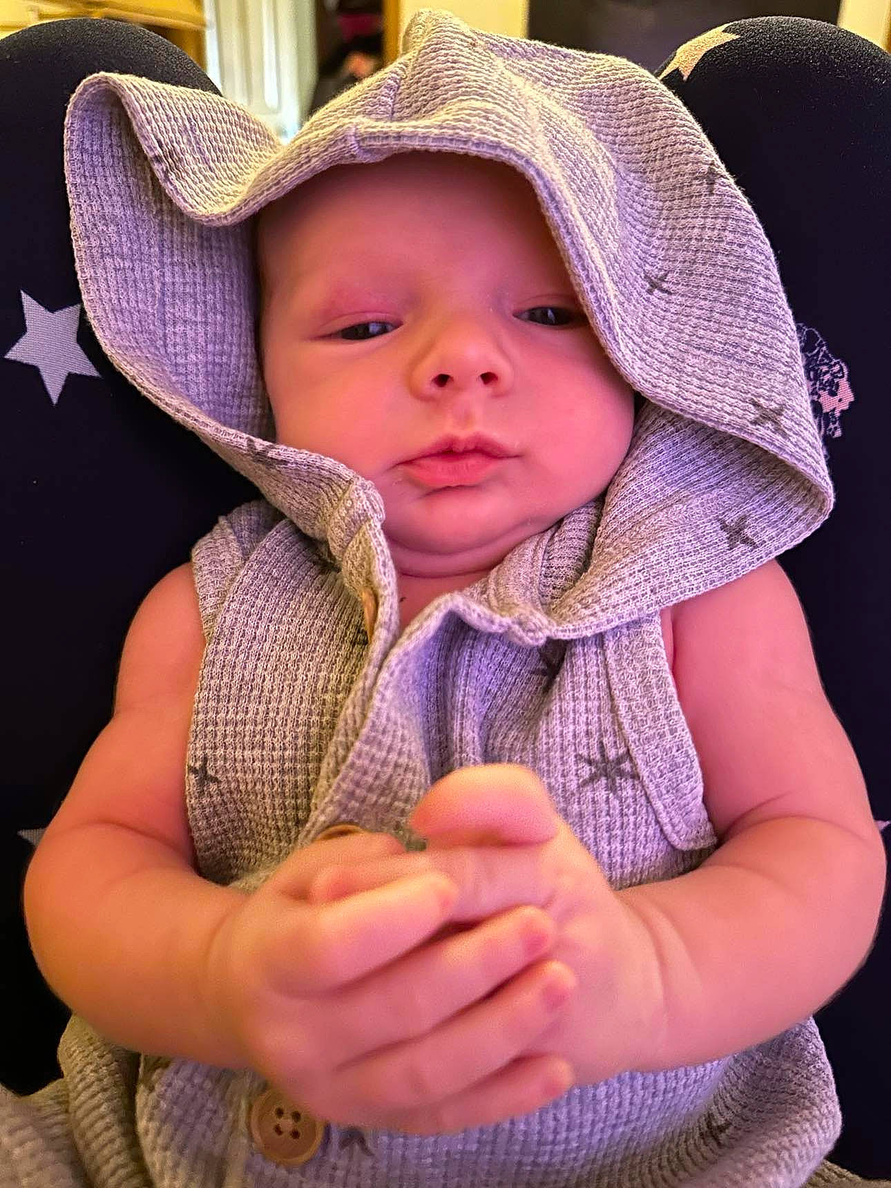 Keenan joined the competition — help win amazing prizes! baby, baby_toddler_clothing, cap, cheek, child, chin, clothing, finger, gesture, hand, happy, hat, human_body, iris, lip, person, purple, skin, sleeve, sun_hat