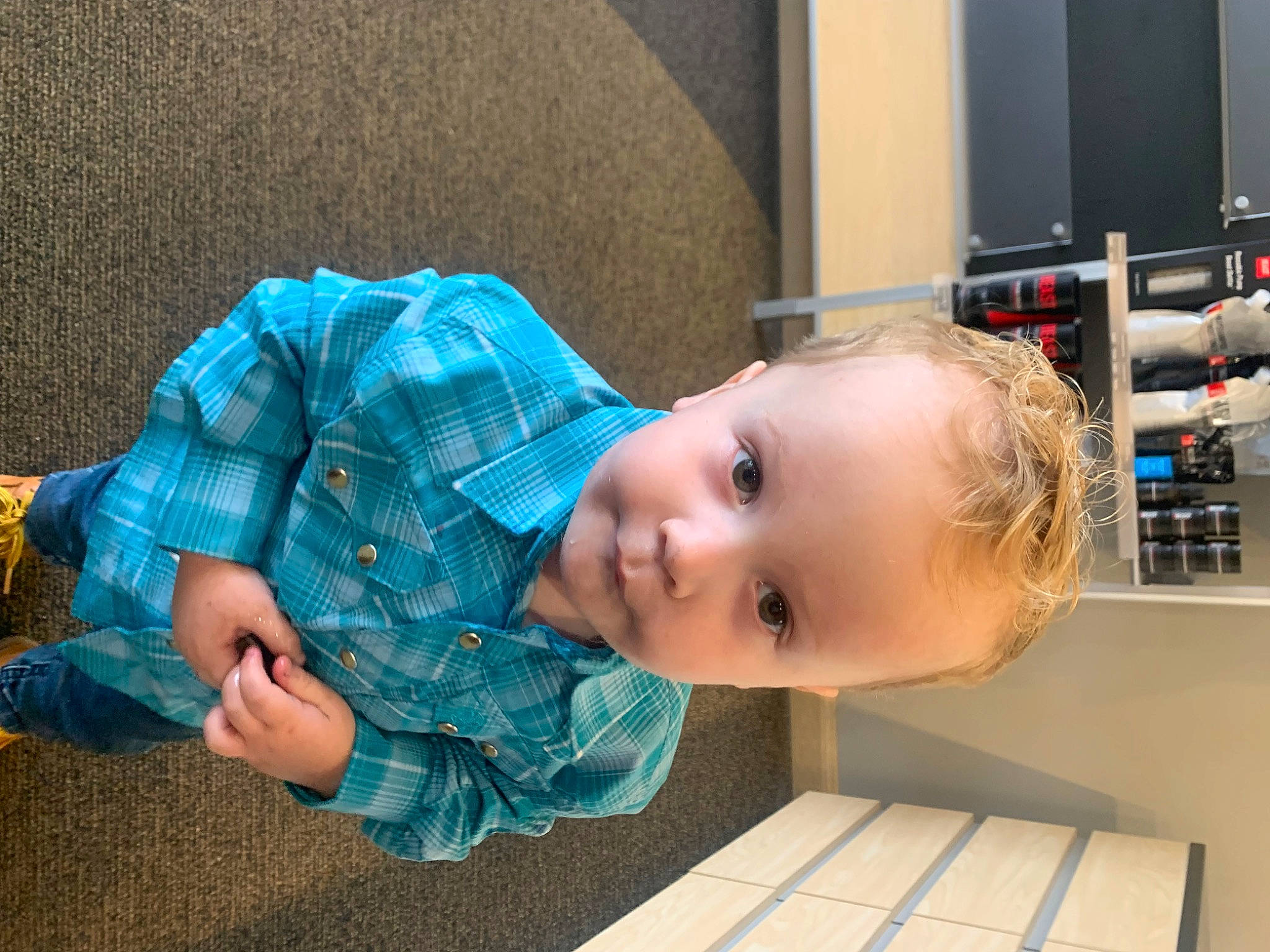 Rhett joined the competition — help win amazing prizes! baby, baby_products, baby_safety, baby_toddler_clothing, cheek, child, comfort, electric_blue, flooring, fun, happy, pattern, person, plaid, room, sitting, smile, tartan, toddler, wood