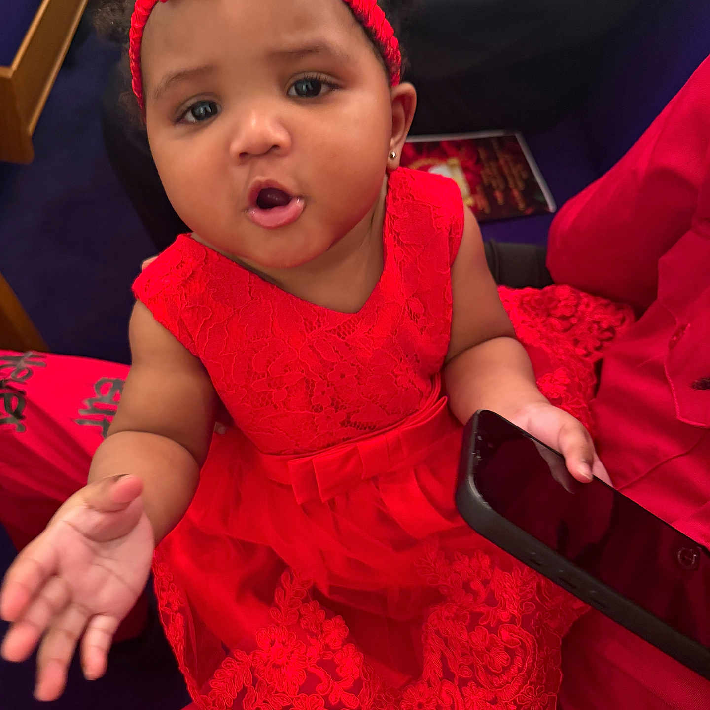 Khylani Isabella joined the competition — help win amazing prizes! accessories, baby, bodypart, clothing, dress, electronics, eveningdress, face, fashion, finger, formalwear, gown, hand, hat, head, mobilephone, person, phone, photography, portrait