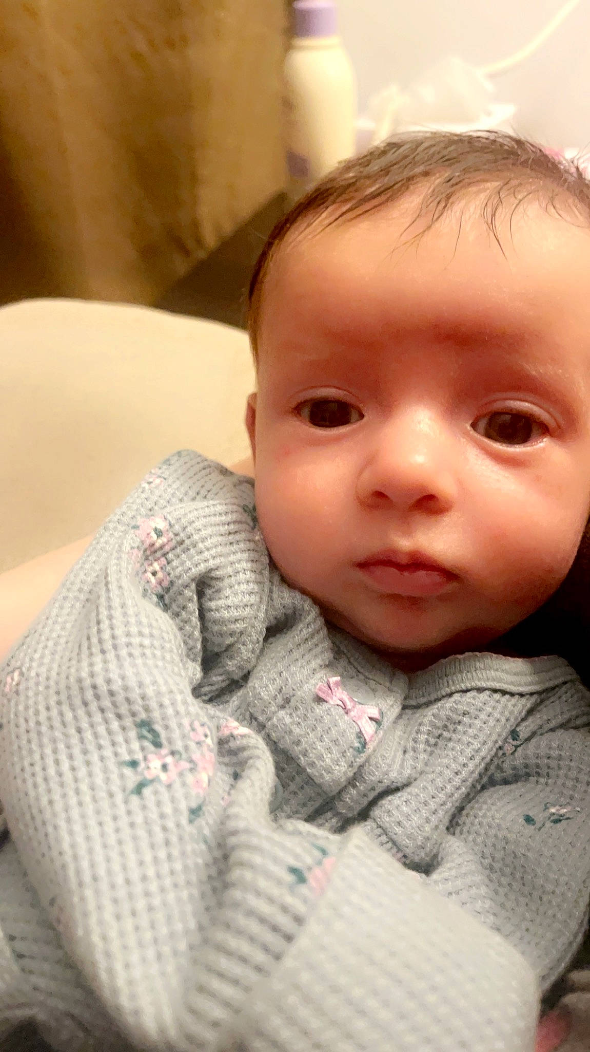 Mackenzie is registered to the contest to win money with this photo: baby, baby_toddler_clothing, cheek, child, chin, collar, comfort, eye, eyebrow, eyelash, face, forehead, iris, linens, lip, mouth, nose, person, skin, sleeve