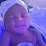 newborn, baby, infant, sleeping, portrait, face, hospital, cap, hat, blanket, bedding, blue_light, closeup, indoors, eyes_closed, peaceful, skin, head, child, photograph