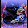 cats, cat, kitten, black_cat, tabby_cat, animal, pet, feline, cuddling, nuzzling, sleeping, relaxed, whiskers, striped_fur, long_hair, close_up, indoor, colorful_lighting, purple_background, blue_lighting