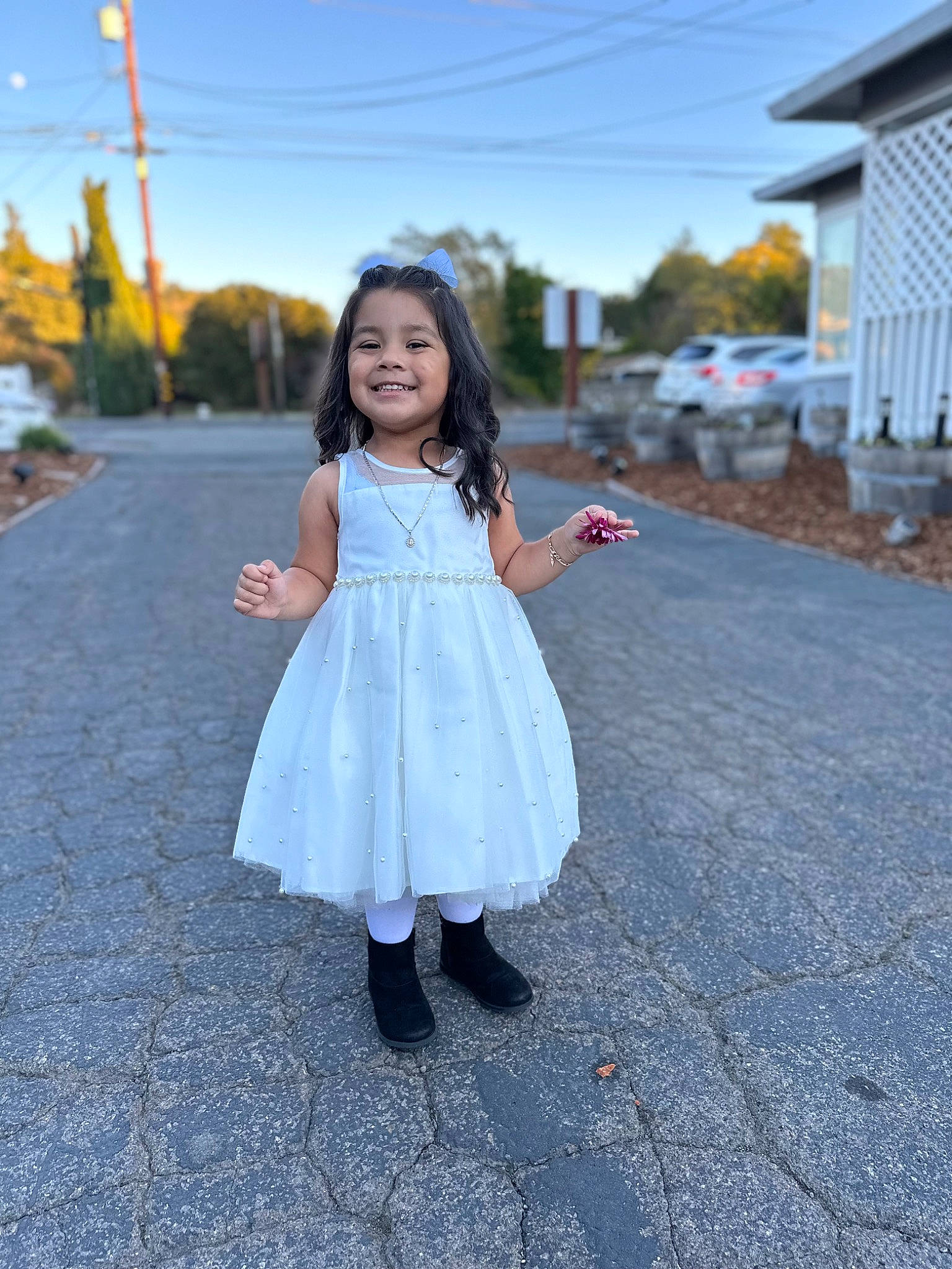 Luciana joined the competition — help win amazing prizes! asphalt, blond, child, dress, electric_blue, flash_photography, formal_wear, fun, grass, hair, happy, head, joy, leaf, person, plant, road, road_surface, sky, smile