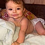 baby, infant, diaper, blanket, crawling, smiling, face, child, cute, indoors, soft, cozy, pillow, wooden_wall, skin, young, portrait, happy, toddler, home