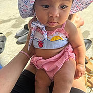Kanaleia joined the competition — help win amazing prizes! arms, baby, child, closeup, curious_expression, floral_pattern, footwear, hand, hat, infant, legs, outdoor, person, sitting, skin, striped_clothing, summer, sun_hat, sunlight, swimsuit