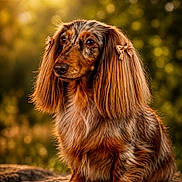 Pralinette participe au concours pour gagner de l'argent avec cette photo : adorable, animal, bow, canine, closeup, cute, dachshund, dog, ears, expression, fur, golden_hour, long_hair, mammal, nature, outdoor, pet, portrait, sitting, sunlight