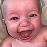 Emerson joined the competition — help win amazing prizes! baby, smiling, happy, face, blue_eyes, blanket, close_up, infant, child, skin, cheeks, mouth_open, tongue, indoor, portrait, cute, young, joyful, expression, person