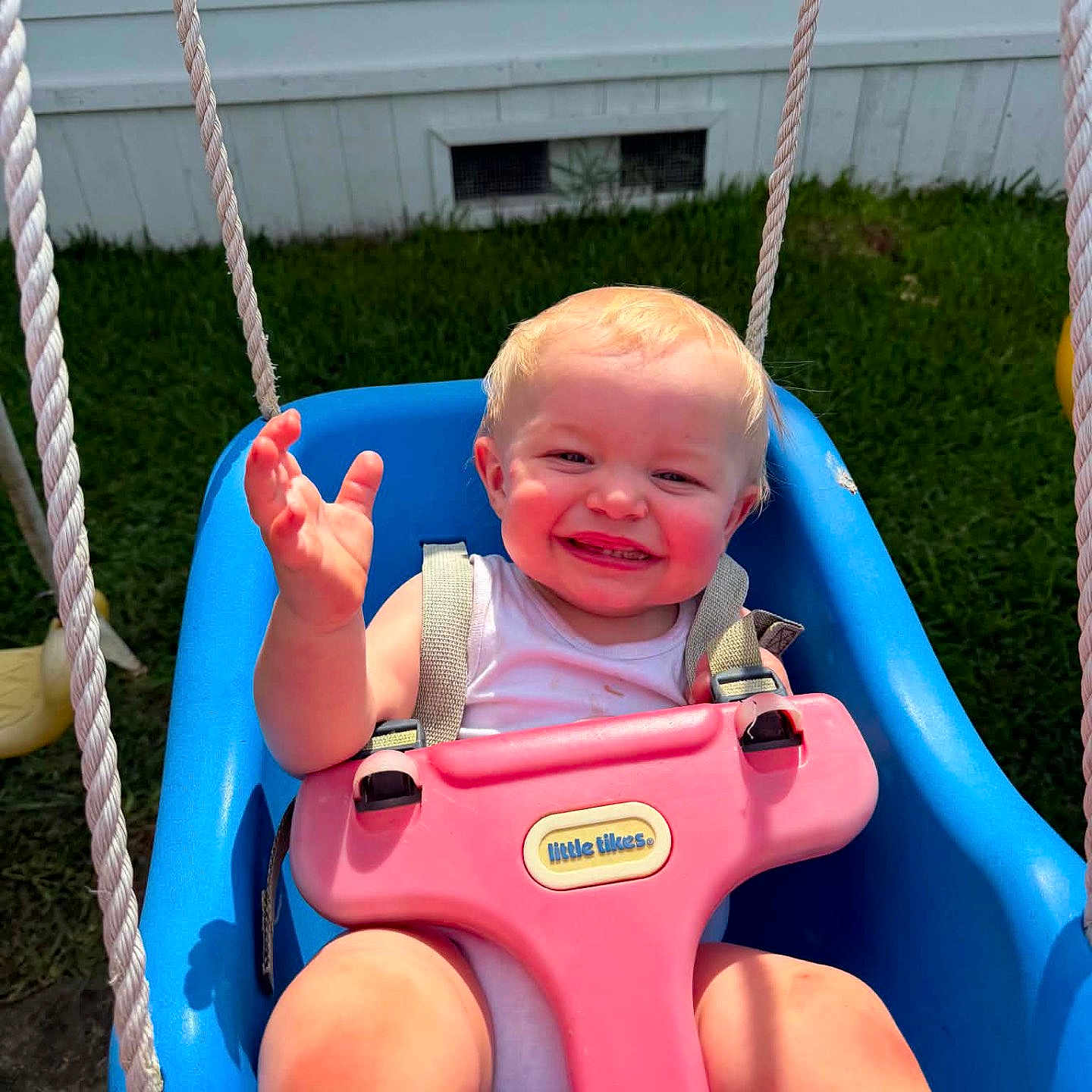Emerson is registered to the contest to win money with this photo: toddler, child, swing, outdoor, grass, smiling, happy, sunlight, playtime, blue_swing, pink_swing, baby, cute, summer, fun, backyard, person, rope, seat, casual