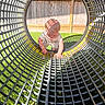 toddler, child, playground, tunnel, outdoor, grass, sunlight, shadow, fence, wood, pattern, grid, crawling, baby, daylight, exploration, summer, fun, play, curious