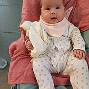 Maëlyne a rejoint le concours — aidez-le/la à gagner de superbes lots ! baby, infant, onesie, blanket, cushion, soft_toy, pacifier, indoor, child, cute, seated, clothing, portrait, face, hand, footwear, floor, comfort, baby_accessory, relaxed