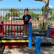 Cesar Nahuel is registered to the contest to win money with this photo: child, playground, toddler, outdoor, tree, fence, bus, sunlight, shadow, wood, clothing, person, smile, blue, red, yellow, pants, sneakers, daytime, sky