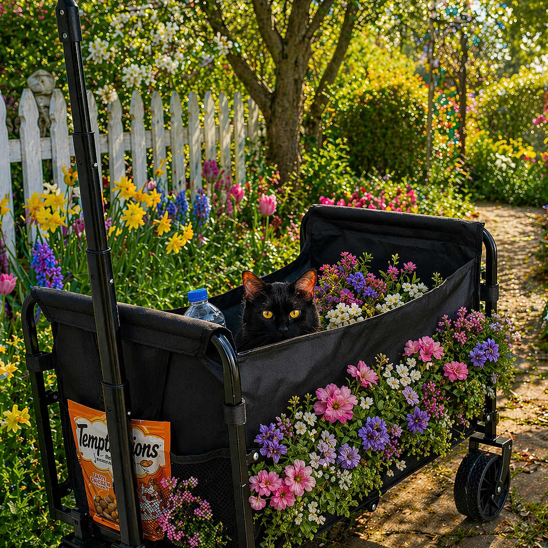Koko joined the competition — help win amazing prizes! cat, black_cat, wagon, flowers, garden, picket_fence, sunlight, yellow_eyes, black_wagon, pink_flowers, purple_flowers, white_flowers, greenery, pathway, outdoor, spring, nature, pet, plant, bottle