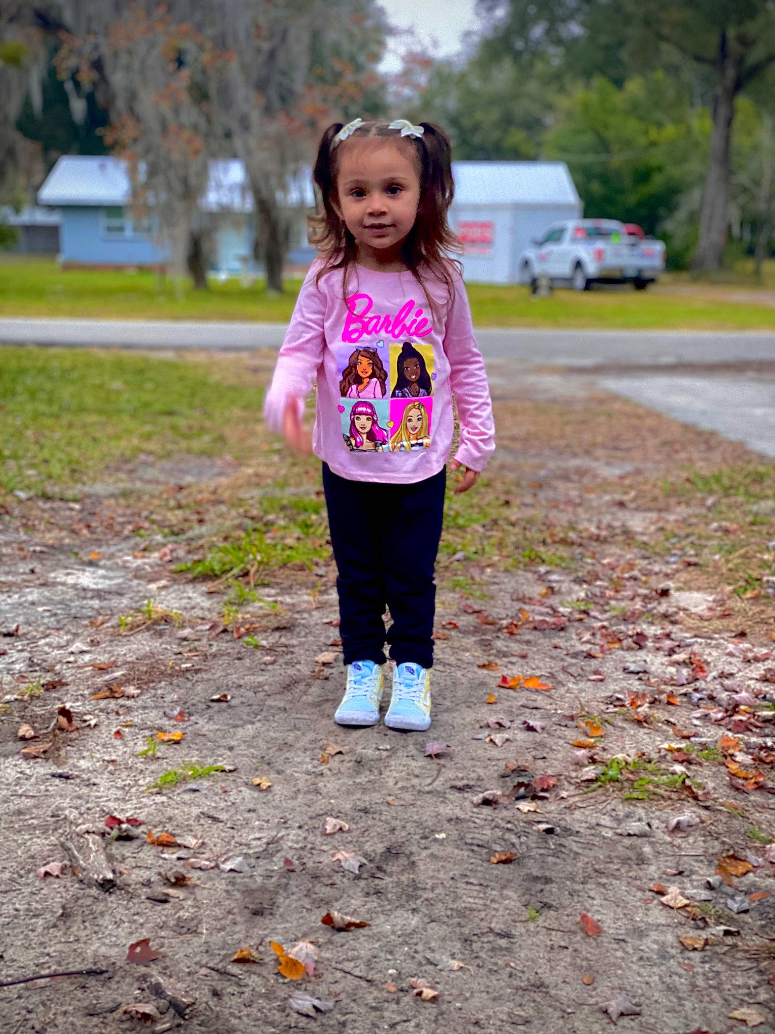 Ryleighe is registered to the contest to win money with this photo: asphalt, autumn, child, deciduous, eye, grass, leisure, magenta, pattern, people_in_nature, person, plant, public_space, recreation, sleeve, soil, t_shirt, toddler, tree, winter