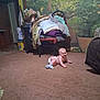 baby, indoor, carpet, blankets, chair, clock, plant, wall_mural, crawling, diaper, socks, floor, furniture, cozy, smiling, child, home, decor, living_room, person
