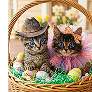 Sister And Bubba is registered to the contest to win money with this photo: animal, basket, blue_eyes, bow, cat, chocolate_bunny, closeup, colorful, cowboy_hat, cute, decor, easter_eggs, fur, grass, holiday, indoors, kitten, pet, spring, tutu