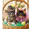 animal, basket, blue_eyes, bow, cat, chocolate_bunny, closeup, colorful, cowboy_hat, cute, decor, easter_eggs, fur, grass, holiday, indoors, kitten, pet, spring, tutu