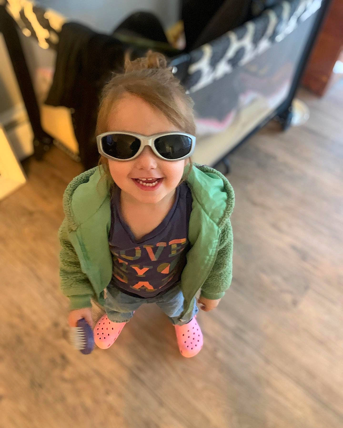Addy joined the competition — help win amazing prizes! baby_toddler_clothing, eyewear, floor, flooring, fun, glasses, goggles, happy, hardwood, joy, leisure, mouth, person, personal_protective_equipment, skin, sleeve, smile, street_fashion, sunglasses, toddler