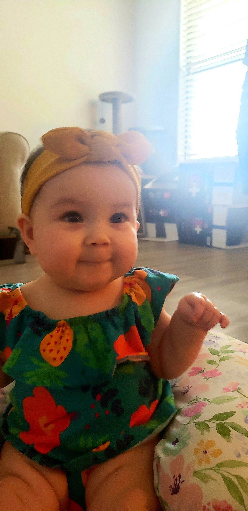 Caroline joined the competition — help win amazing prizes! baby, baby_products, baby_toddler_clothing, cheek, child, eye, eyelash, flooring, fun, happy, head, headwear, iris, nose, person, room, sitting, skin, smile, toddler