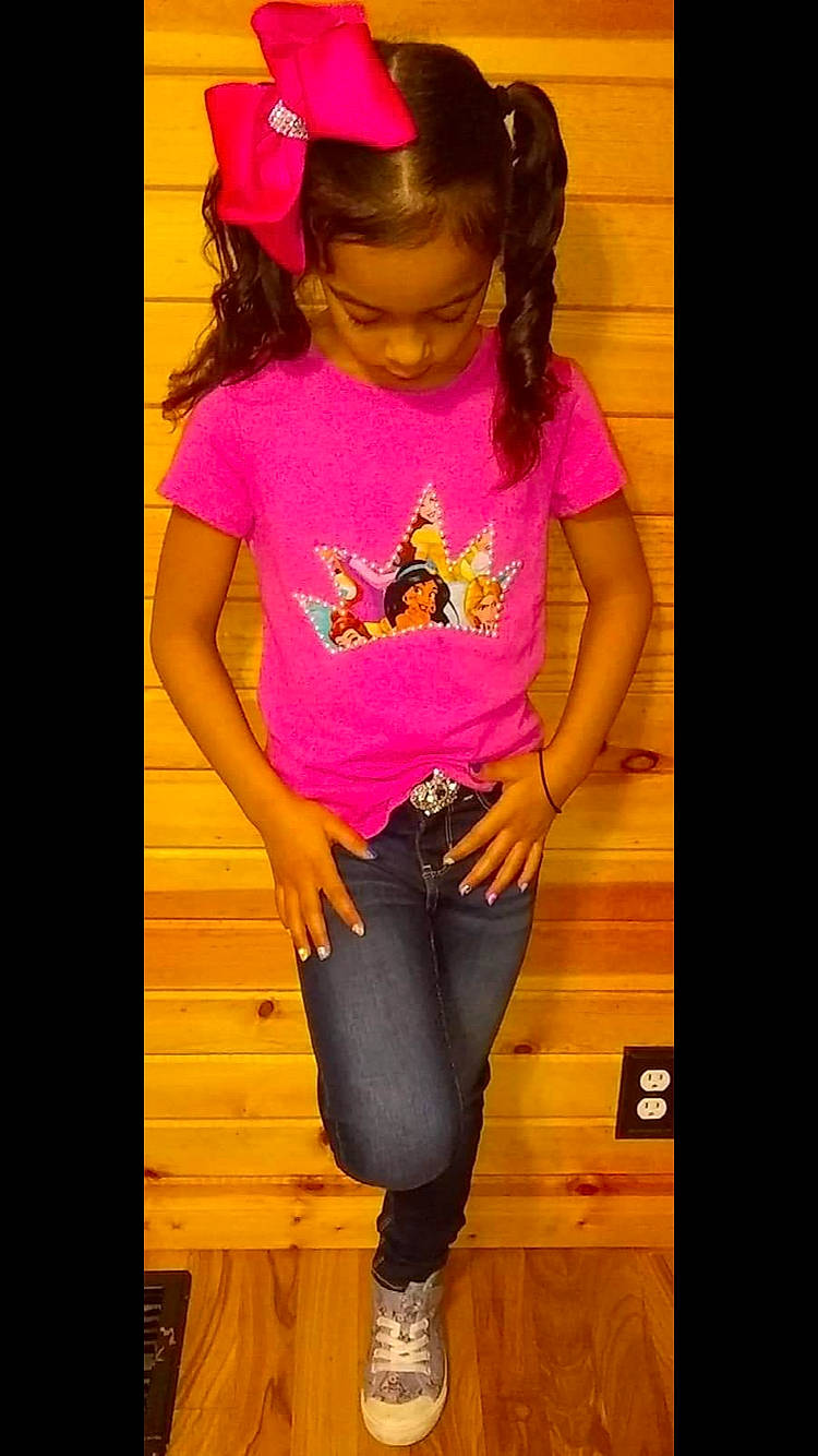 Leighana joined the competition — help win amazing prizes! abdomen, child, child_model, clothing, hip, jeans, leg, magenta, neck, person, pink, style, t_shirt, thigh, toddler, trunk, waist, yellow