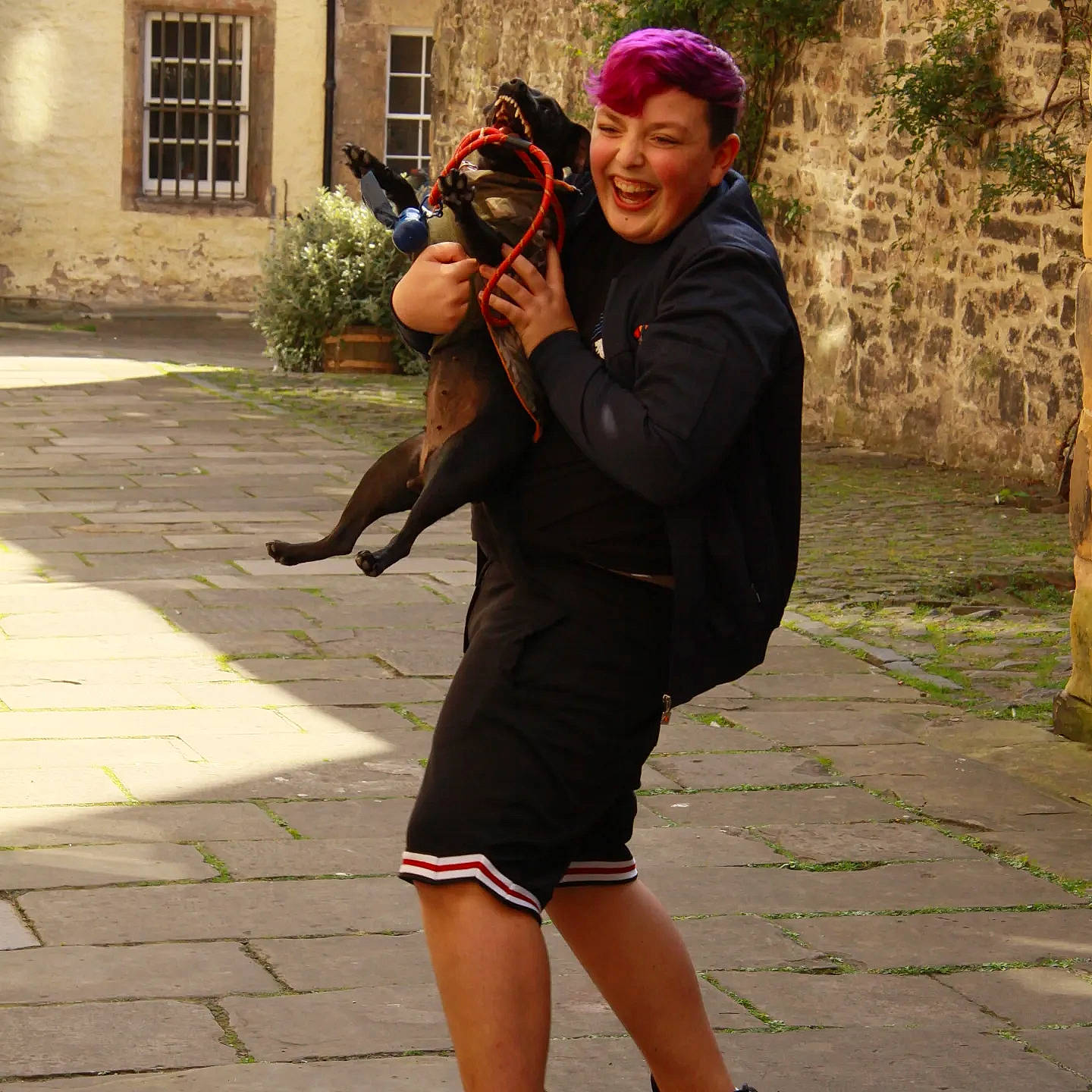 Marley joined the competition — help win amazing prizes! bicycle_helmet, calf, camera, carnivore, companion_dog, dog, eyewear, fun, happy, hat, human_leg, knee, leisure, personal_protective_equipment, plant, smile, standing, thigh, waist, window