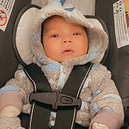 baby, bonnet, cap, car, clothing, coat, face, hat, head, hood, hoodie, jacket, knitwear, person, photography, portrait, sweater, sweatshirt, transportation, vehicle