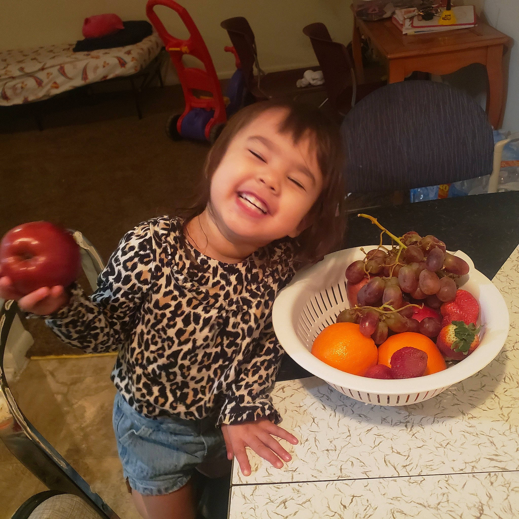Athena joined the competition — help win amazing prizes! balloon, bush_tomato, chair, clementine, dish, food, fruit, grapefruit, happy, ingredient, joy, natural_foods, person, plate, plum_tomato, recipe, shorts, smile, t_shirt, tableware