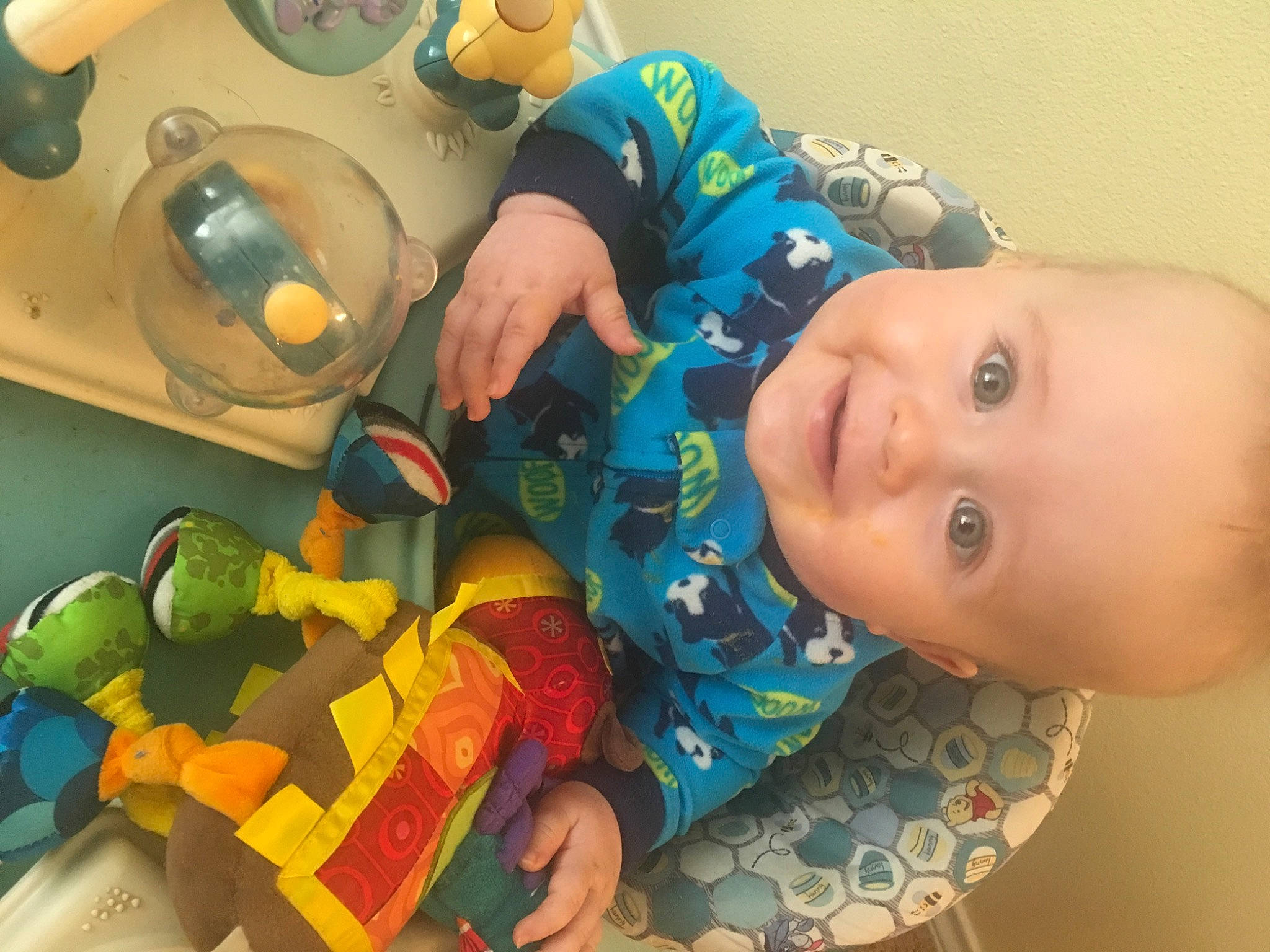 Xander is registered to the contest to win money with this photo: adaptation, baby, baby_products, baby_toddler_clothing, baby_toys, cheek, child, finger, fun, green, happy, joy, leisure, mouth, organ, person, room, smile, stuffed_toy, toddler