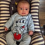 baby, baby_chair, child, clothing, cushion, cute, expression, face, floor, footed_pajamas, indoor, infant, mickey_mouse, onesie, person, portrait, sitting, striped_chair, wood_floor, young
