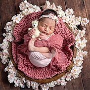 Annylah joined the competition — help win amazing prizes! newborn, baby, sleeping, pink, knitted_blanket, teddy_bear, headband, flowers, wooden_floor, wooden_bowl, wrapped, infant, peaceful, cute, portrait, soft_texture, cozy, small, child, resting