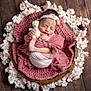 newborn, baby, sleeping, pink, knitted_blanket, teddy_bear, headband, flowers, wooden_floor, wooden_bowl, wrapped, infant, peaceful, cute, portrait, soft_texture, cozy, small, child, resting