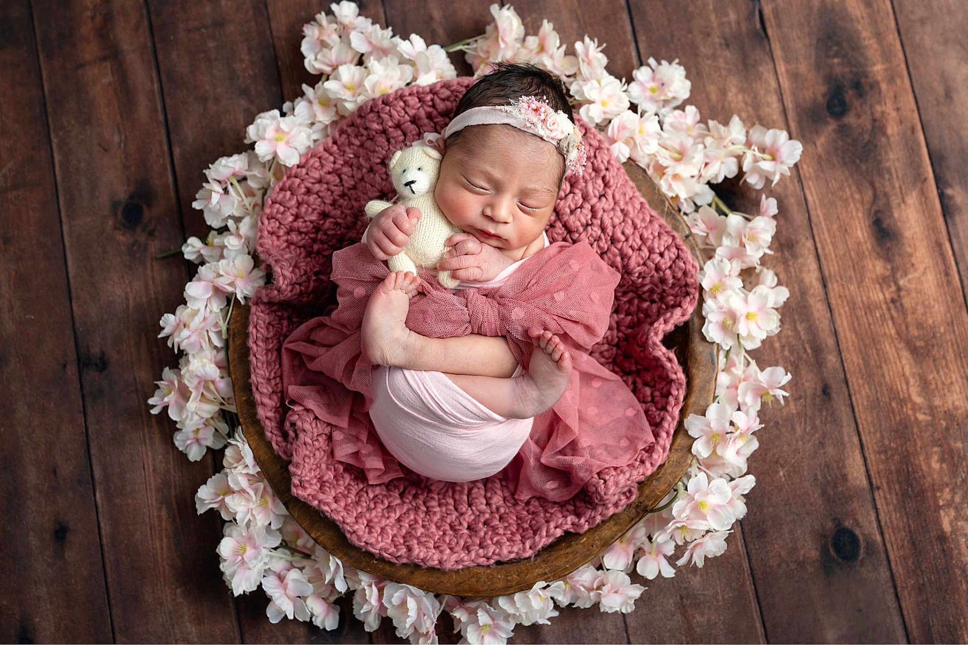 Annylah joined the competition — help win amazing prizes! newborn, baby, sleeping, pink, knitted_blanket, teddy_bear, headband, flowers, wooden_floor, wooden_bowl, wrapped, infant, peaceful, cute, portrait, soft_texture, cozy, small, child, resting