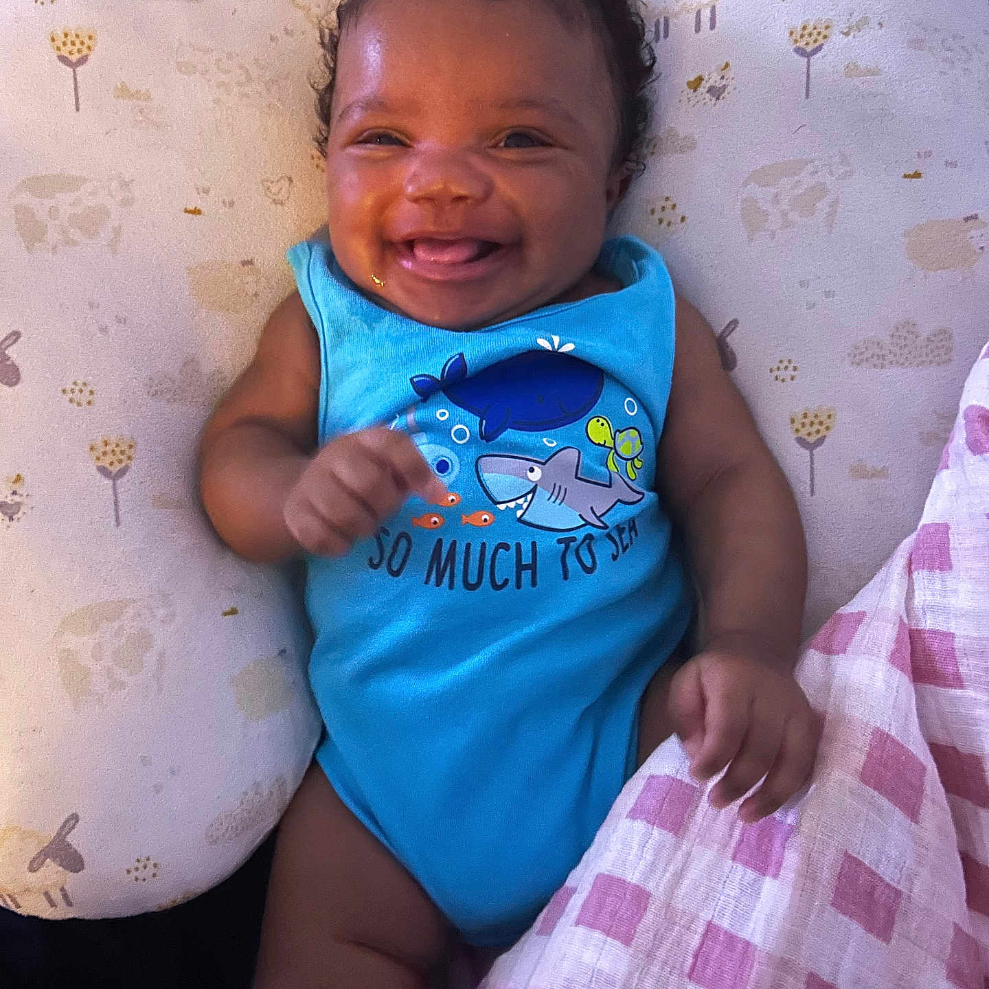 Dawnamor is registered to the contest to win money with this photo: baby, babylaughing, bed, blanket, clothing, cushion, face, furniture, happy, head, homedecor, laughing, newborn, person, photography, portrait, purple, quilt, smile, t_shirt