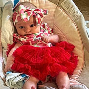 Oaklynn joined the competition — help win amazing prizes! baby, infant, headband, bow, red_skirt, strawberry_pattern, clothing, baby_seat, blanket, cushion, foot, hand, cute, indoors, comfort, portrait, child, person, soft_toy, fabric